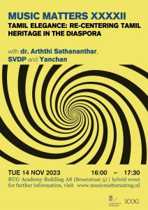 Poster for the Music Matters talk on Tuesday November 14th. Features artist names and a swirl on a yellow background